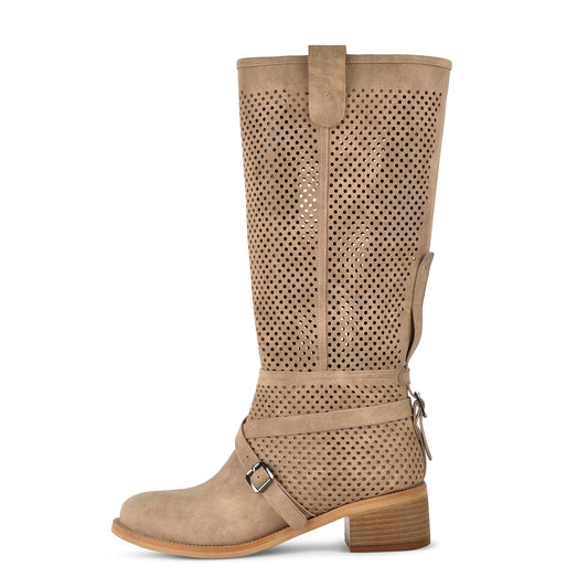 Perforated Buckle Strap Knee High Western Boots - Onlymaker Top Pick