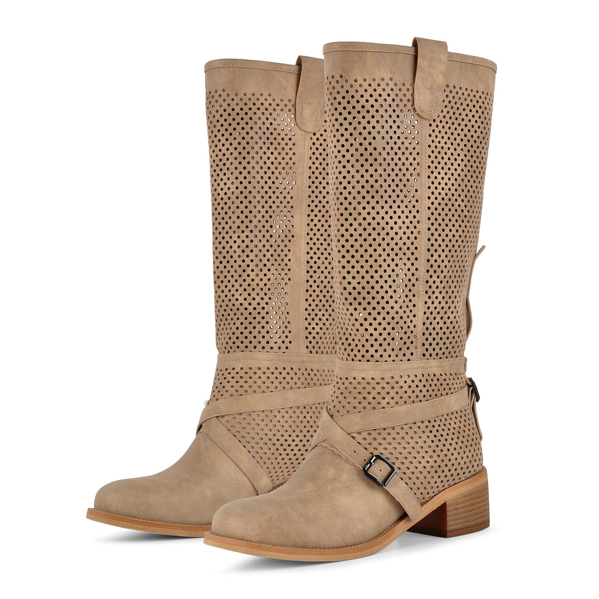 Perforated Buckle Strap Knee High Western Boots - Onlymaker Top Pick