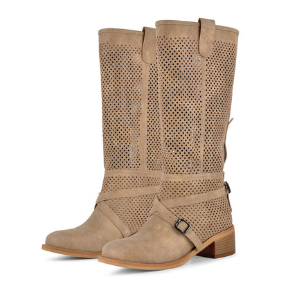 Perforated Buckle Strap Knee High Western Boots - Onlymaker Top Pick