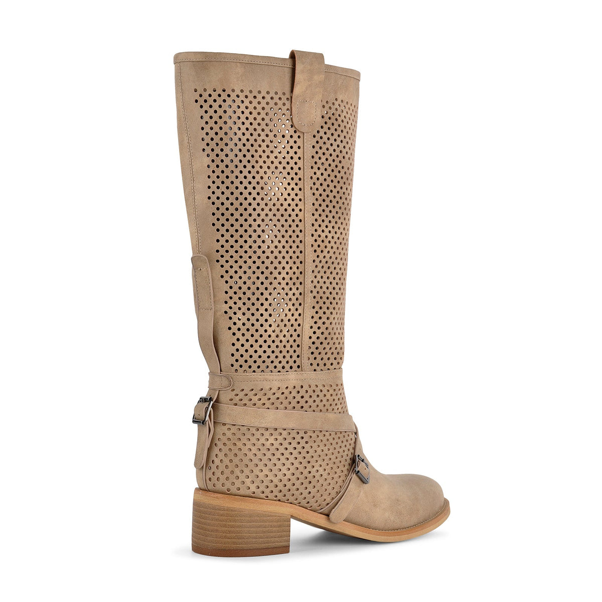Perforated Buckle Strap Knee High Western Boots - Onlymaker Top Pick
