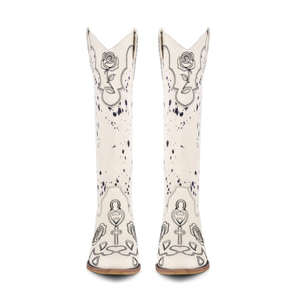 Embroidery Suede Patchwork Knee High Western Boots - Onlymaker Popular