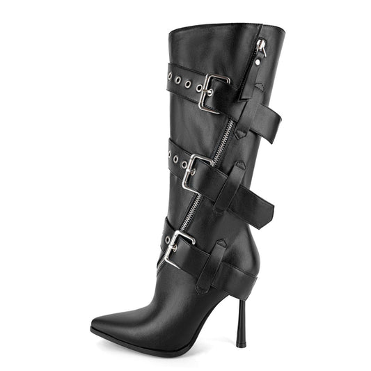 Pointed Toe Buckle Strap Zipper Knee High Boots - Onlymaker Everyday