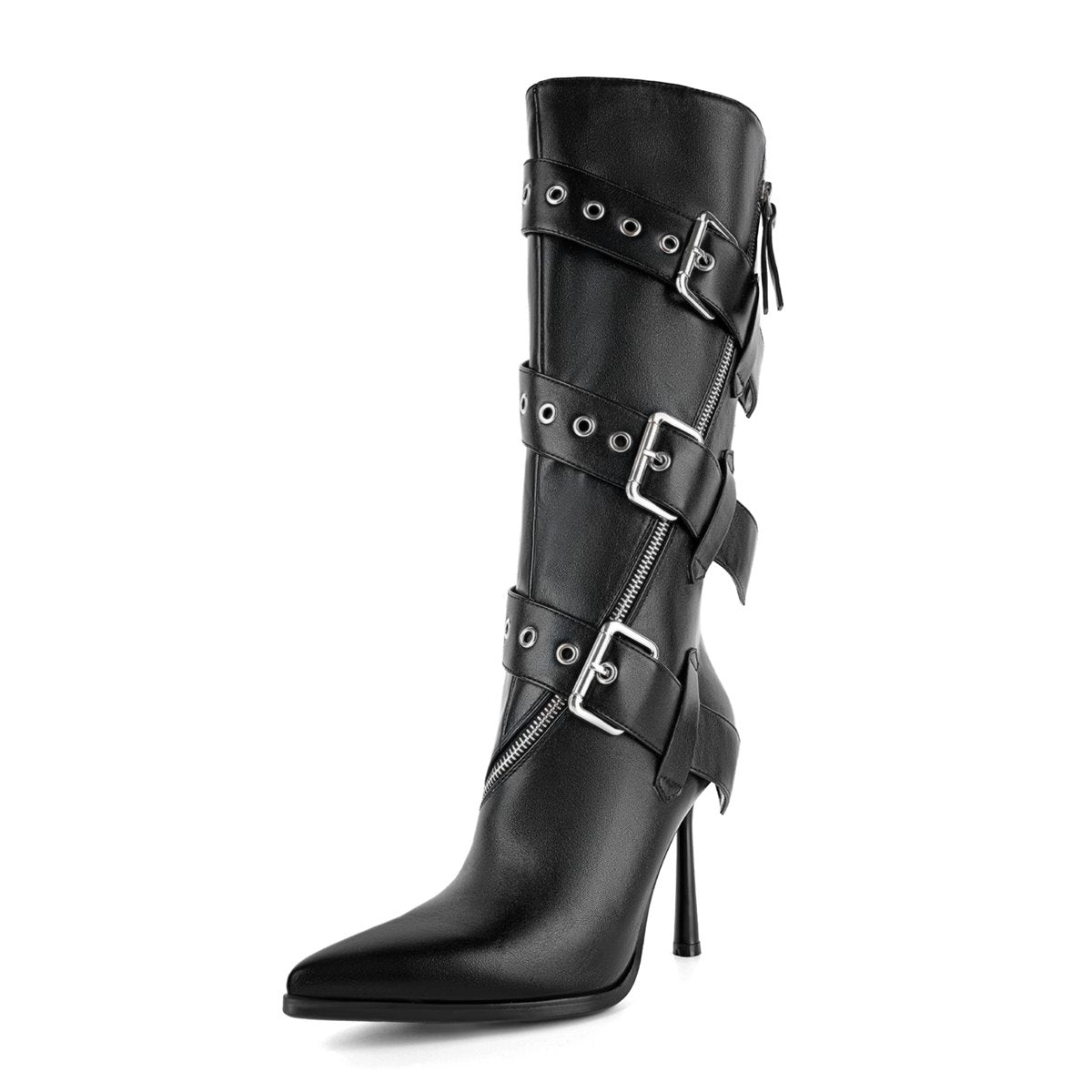 Pointed Toe Buckle Strap Zipper Knee High Boots - Onlymaker Everyday