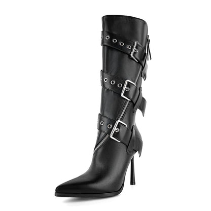 Pointed Toe Buckle Strap Zipper Knee High Boots - Onlymaker Everyday