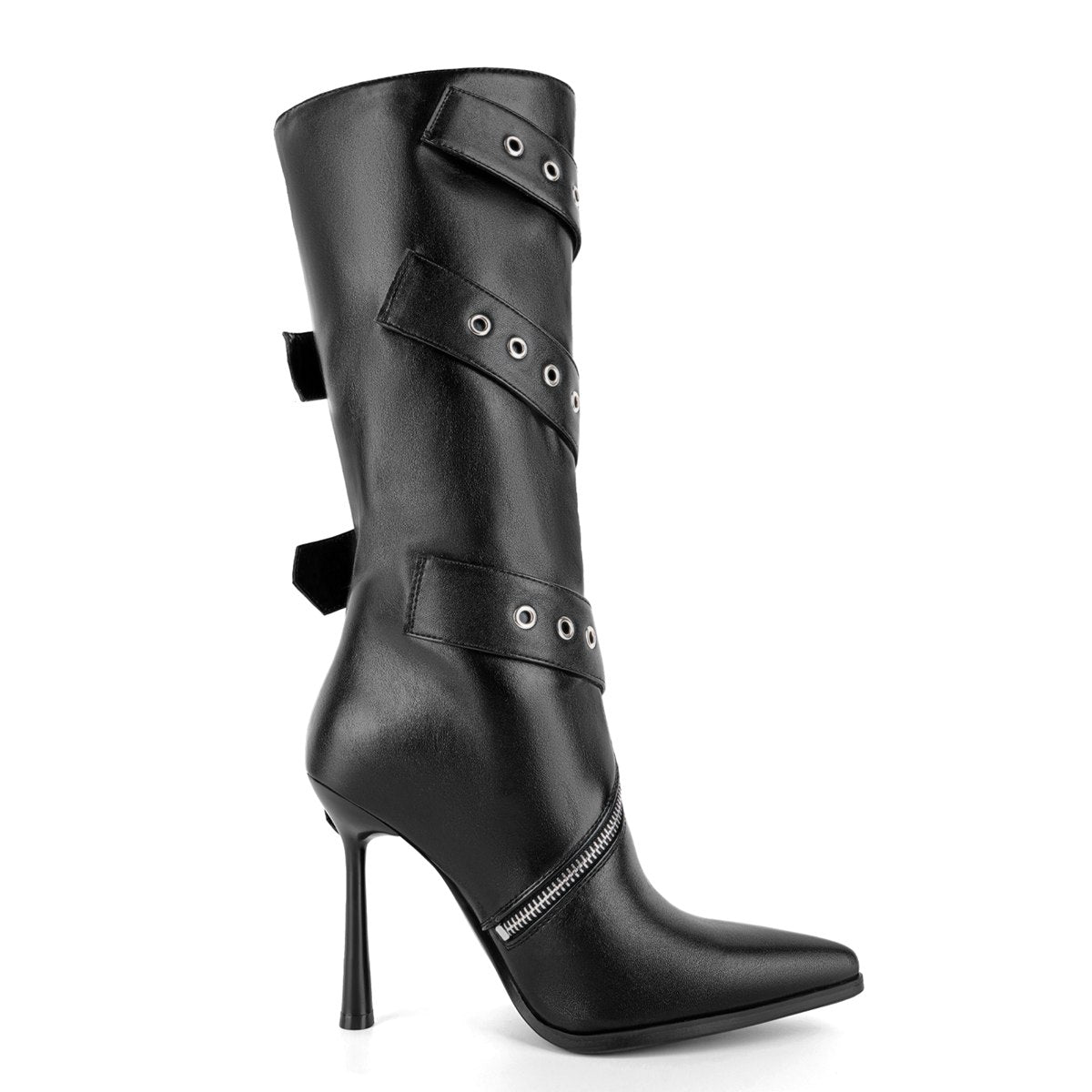Pointed Toe Buckle Strap Zipper Knee High Boots - Onlymaker Everyday