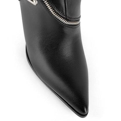 Pointed Toe Buckle Strap Zipper Knee High Boots - Onlymaker Everyday