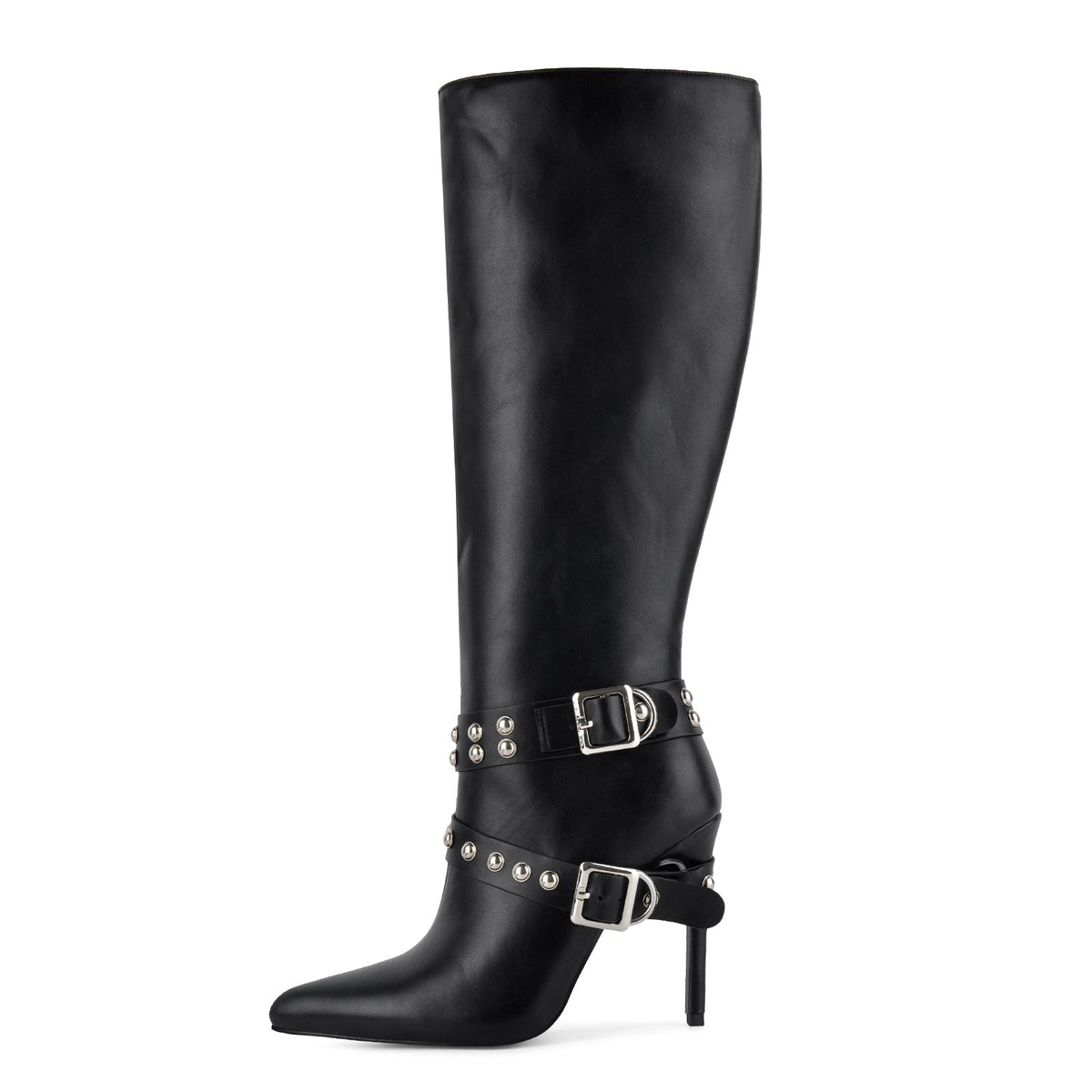 Pointed Toe Studded Buckle Strap Knee High Boots - Onlymaker Best Seller