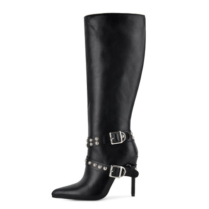 Pointed Toe Studded Buckle Strap Knee High Boots - Onlymaker Best Seller