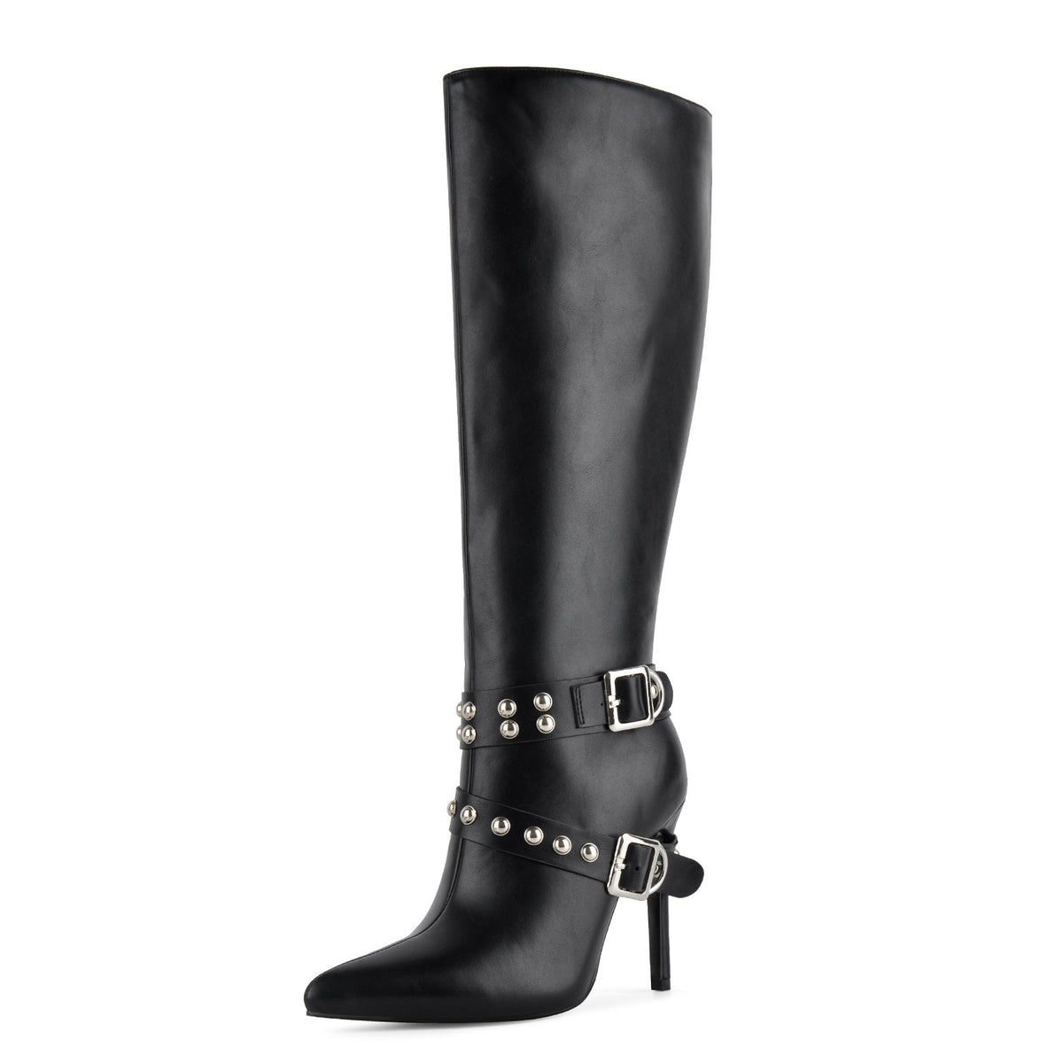 Pointed Toe Studded Buckle Strap Knee High Boots - Onlymaker Best Seller
