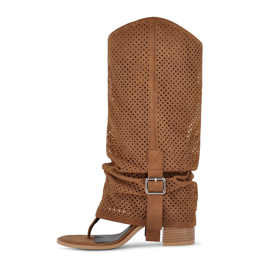 Perforated Flip-Flop Buckle Knee High Boots - Onlymaker Trusted