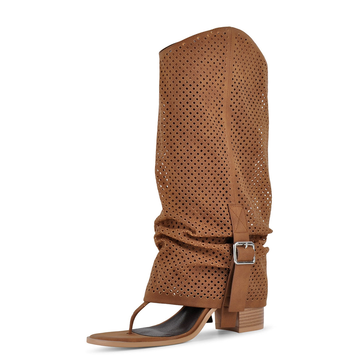 Perforated Flip-Flop Buckle Knee High Boots - Onlymaker Trusted