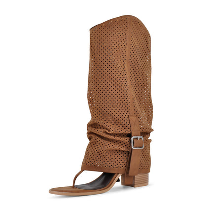 Perforated Flip-Flop Buckle Knee High Boots - Onlymaker Trusted