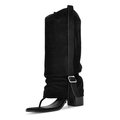 Suede Flip-Flop Buckle Knee High Boots - Onlymaker Trusted