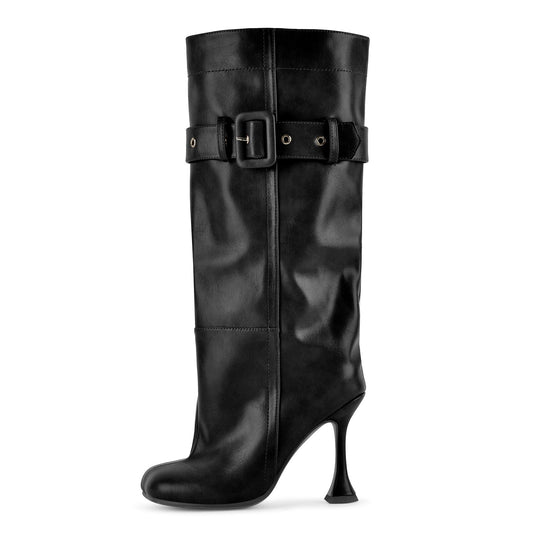 Square Toe Buckle Strap Knee High Boots - Onlymaker Deals
