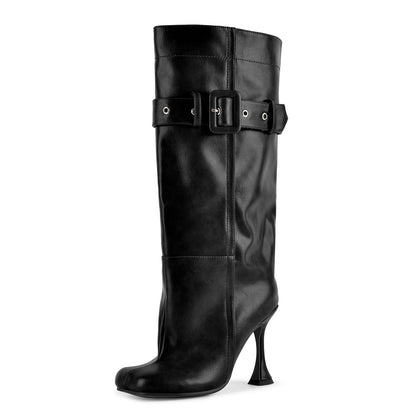 Square Toe Buckle Strap Knee High Boots - Onlymaker Deals