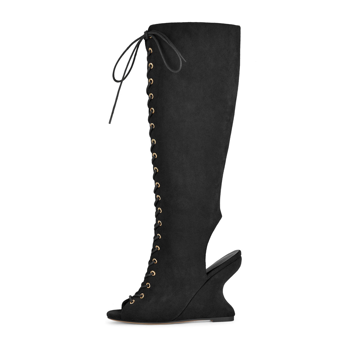 Suede Open Toe Lace-up Wedge Heel Knee High Boots - Onlymaker Sale