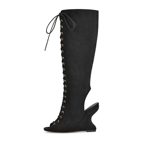 Suede Open Toe Lace-up Wedge Heel Knee High Boots - Onlymaker Sale