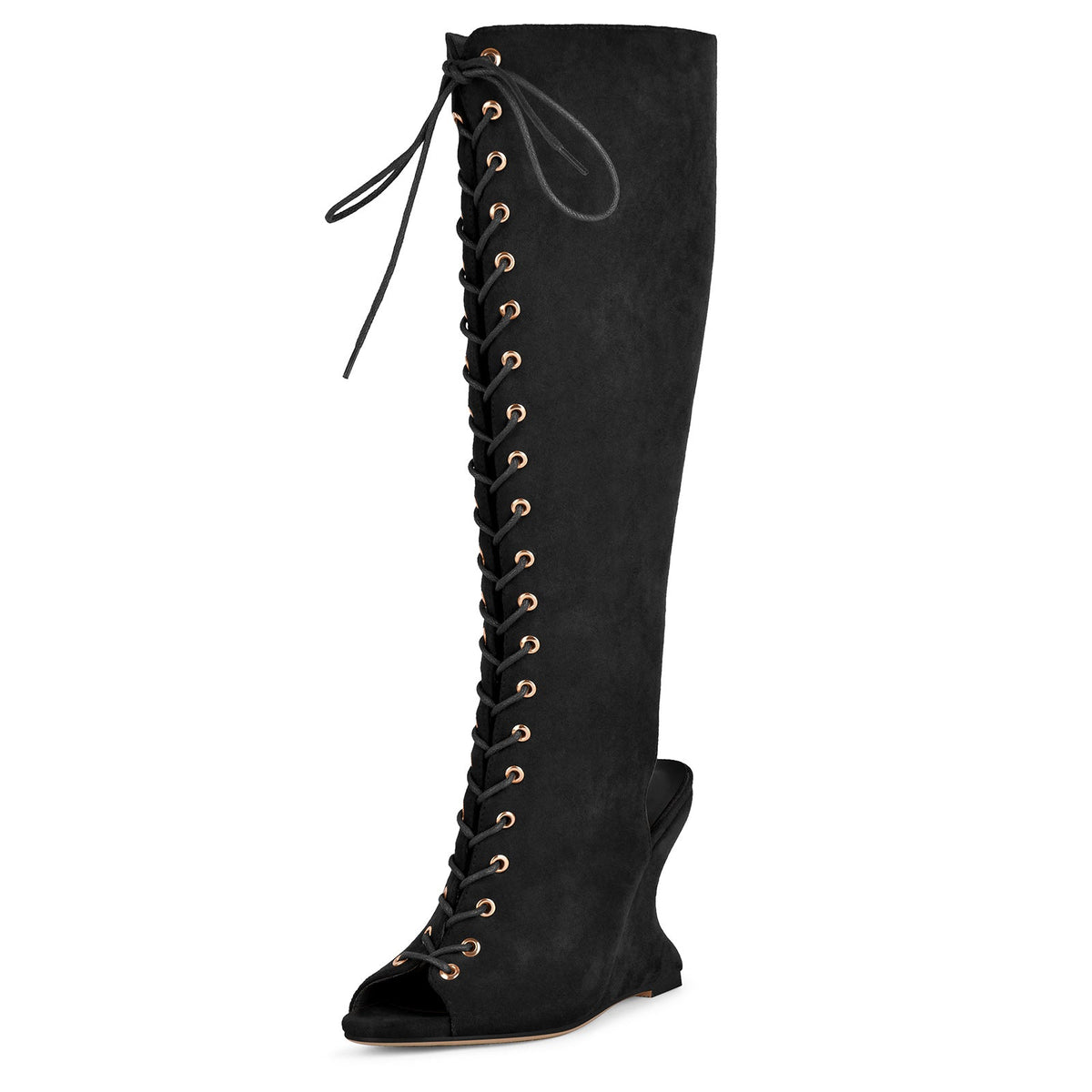 Suede Open Toe Lace-up Wedge Heel Knee High Boots - Onlymaker Sale