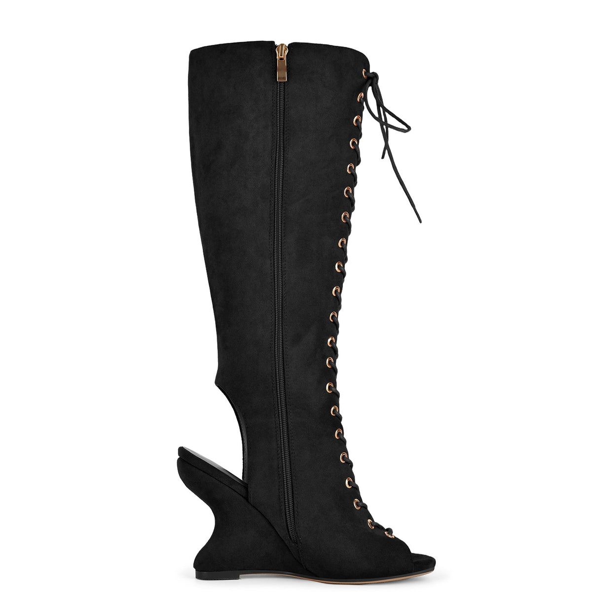 Suede Open Toe Lace-up Wedge Heel Knee High Boots - Onlymaker Sale