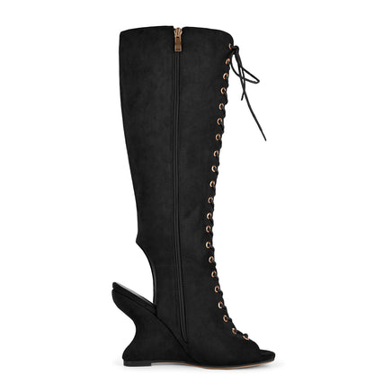 Suede Open Toe Lace-up Wedge Heel Knee High Boots - Onlymaker Sale
