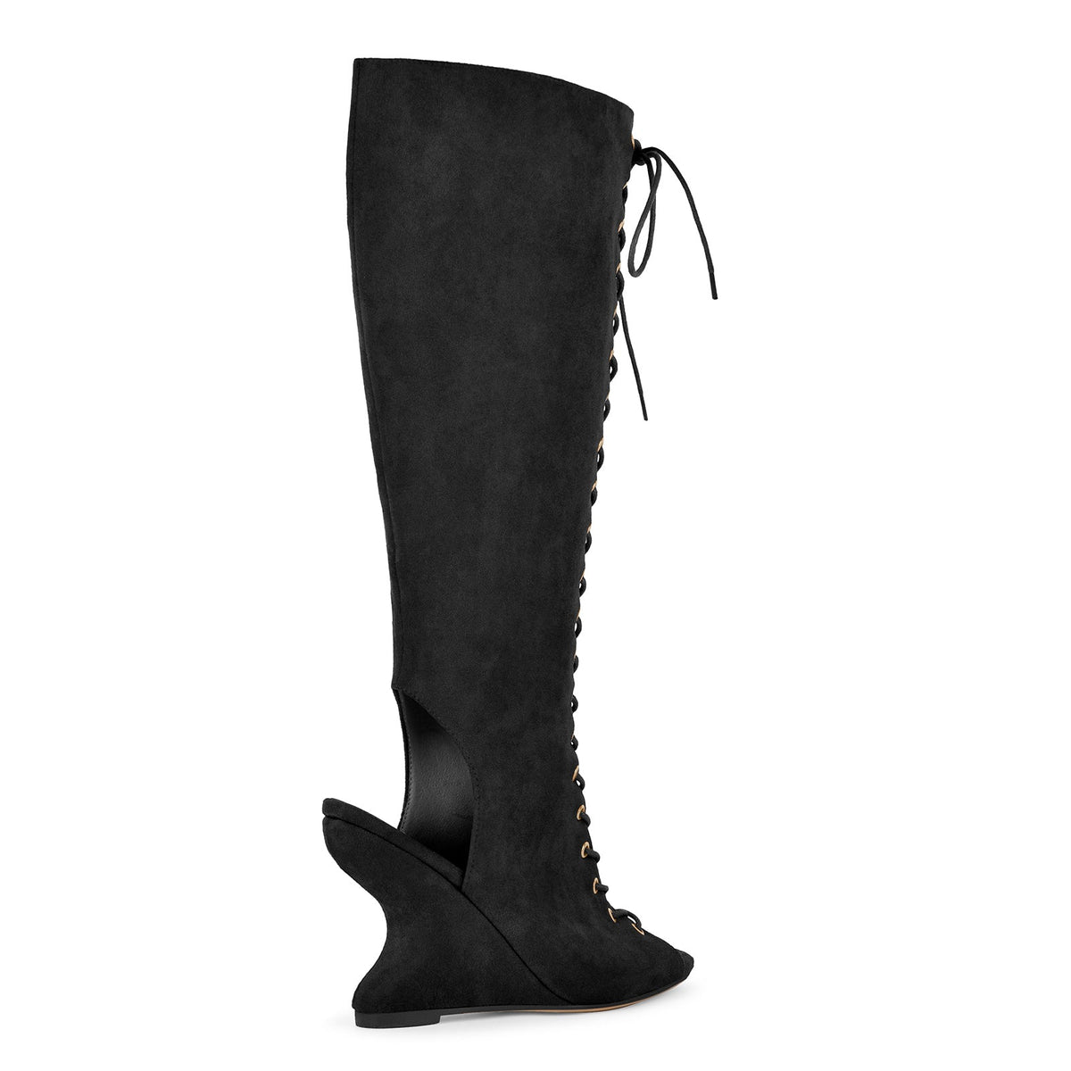 Suede Open Toe Lace-up Wedge Heel Knee High Boots - Onlymaker Sale