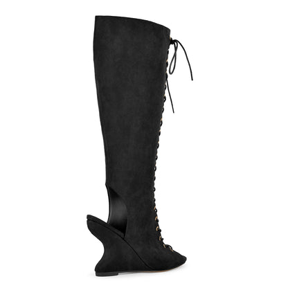 Suede Open Toe Lace-up Wedge Heel Knee High Boots - Onlymaker Sale