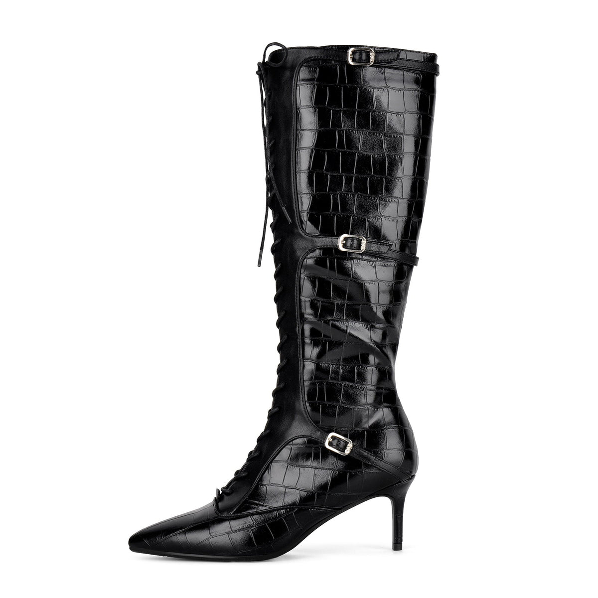Pointed Toe Stone Buckle Lace-up Knee High Boots - Onlymaker Recommended