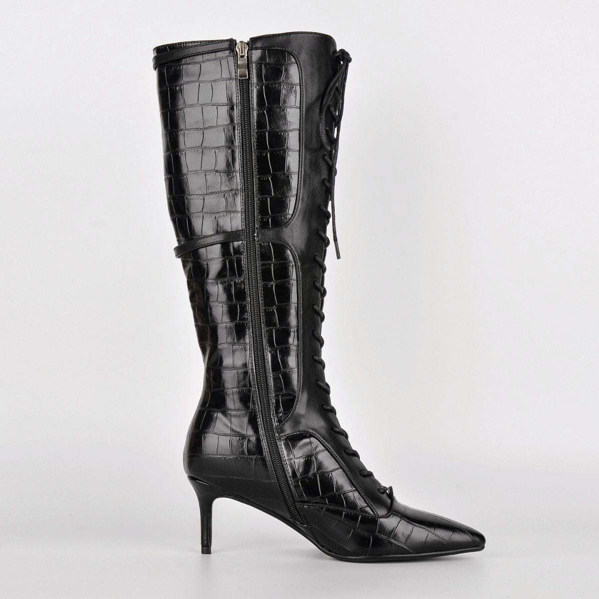 Pointed Toe Stone Buckle Lace-up Knee High Boots - Onlymaker Recommended