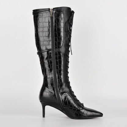 Pointed Toe Stone Buckle Lace-up Knee High Boots - Onlymaker Recommended