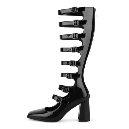 Square Toe Multi Buckle Strap Knee High Boots - Onlymaker Recommended