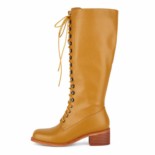 Square Toe Lace-up Chunky Heel Knee High Boots - Onlymaker Popular