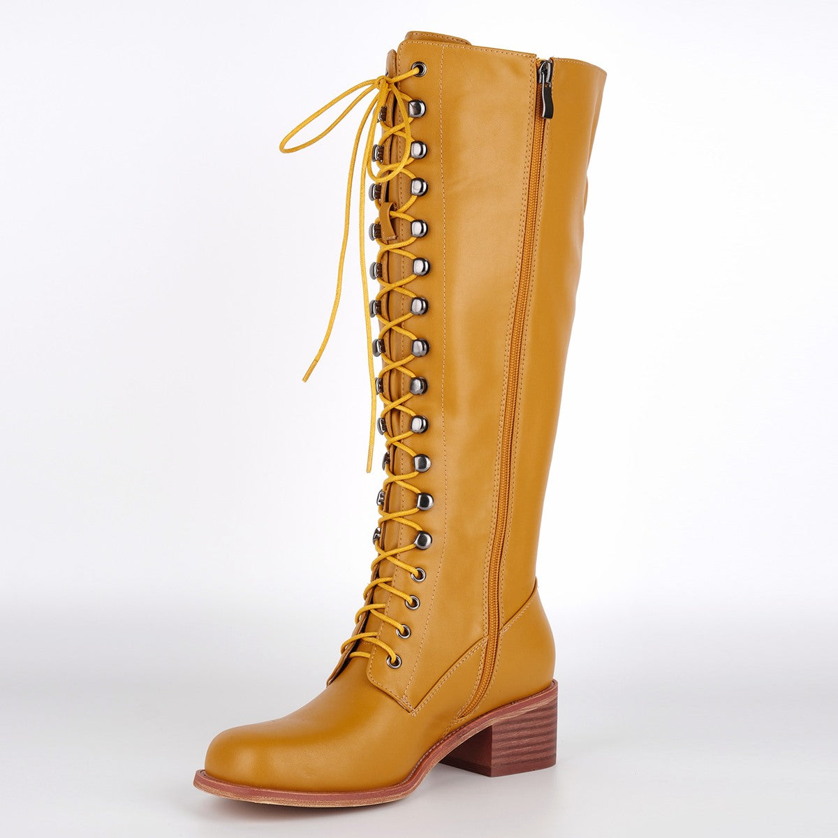 Square Toe Lace-up Chunky Heel Knee High Boots - Onlymaker Popular
