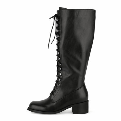 Square Toe Lace-up Chunky Heel Knee High Boots - Onlymaker Popular