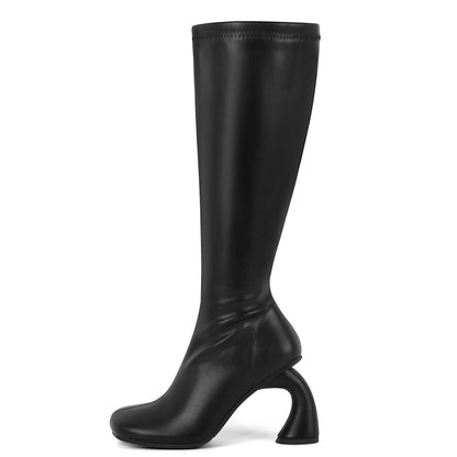 Square Toe Chunky Curved Heel Knee High Boots - Onlymaker Popular