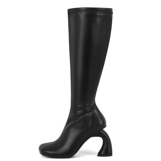 Square Toe Chunky Curved Heel Knee High Boots - Onlymaker Popular