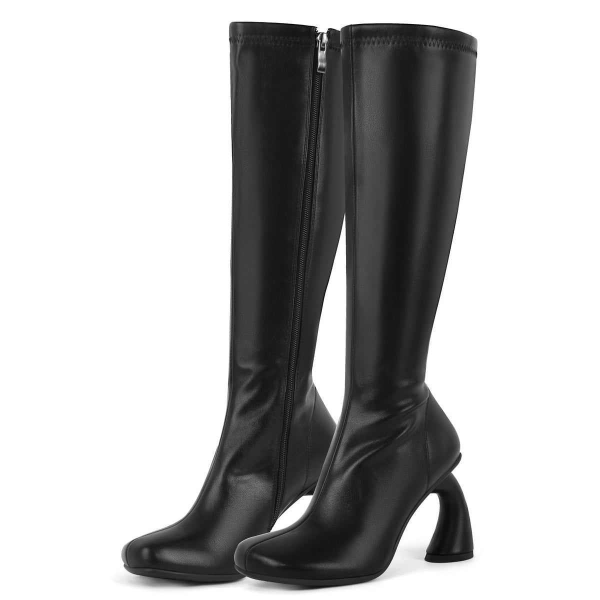 Square Toe Chunky Curved Heel Knee High Boots - Onlymaker Popular