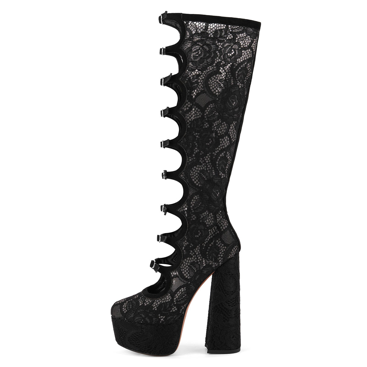 Lace Mesh Multi Buckle Strap Knee High Boots - Onlymaker Popular