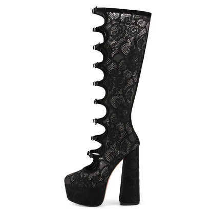 Lace Mesh Multi Buckle Strap Knee High Boots - Onlymaker Popular