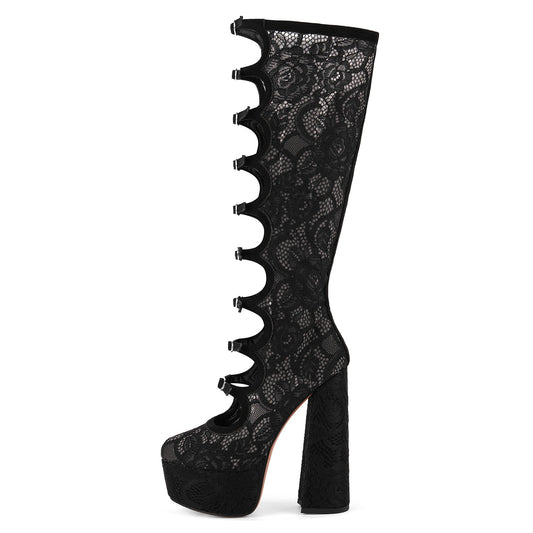 Lace Mesh Multi Buckle Strap Knee High Boots - Onlymaker Popular