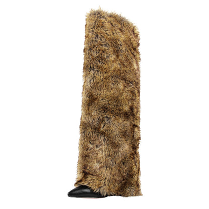 Pointed Toe Fur Fold Over Stiletto Knee High Boots - Onlymaker Everyday