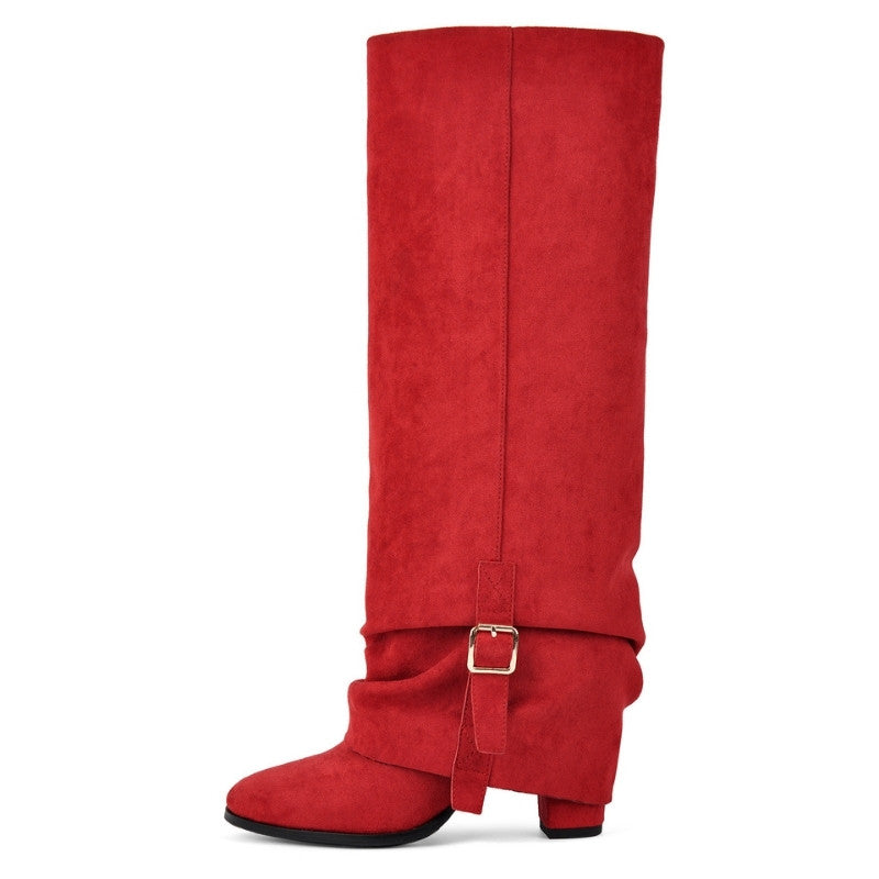 Suede Buckle Fold Over Knee High Boots - Onlymaker Featured