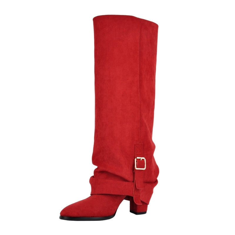 Suede Buckle Fold Over Knee High Boots - Onlymaker Featured