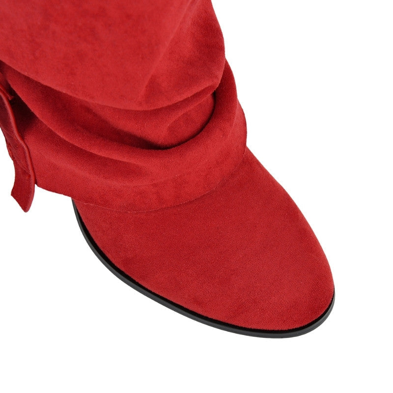 Suede Buckle Fold Over Knee High Boots - Onlymaker Featured