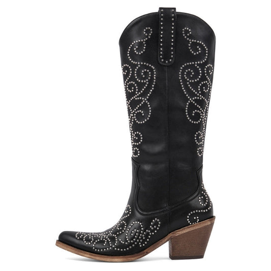 Pointed Toe Rivet Knee High Western Boots - Onlymaker Deals