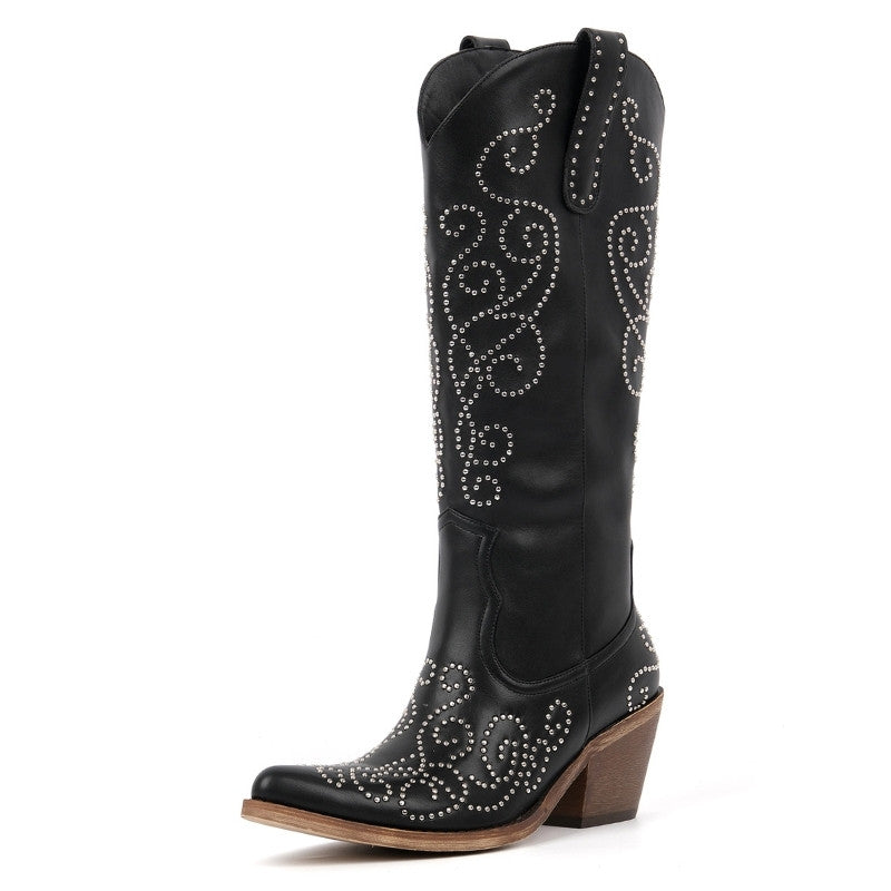 Pointed Toe Rivet Knee High Western Boots - Onlymaker Deals