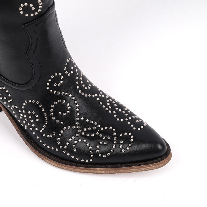 Pointed Toe Rivet Knee High Western Boots - Onlymaker Deals