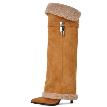 Suede Pointed Toe Lambswool Fold Over Knee High Boots - Onlymaker Exclusive