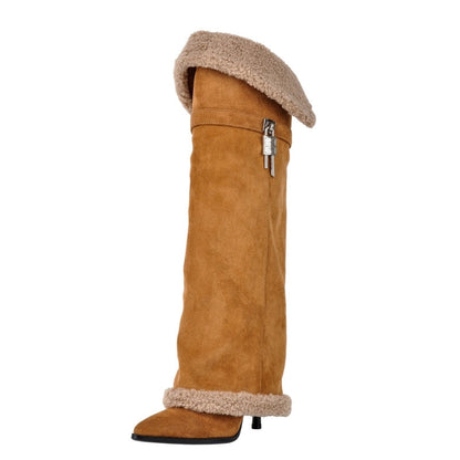 Suede Pointed Toe Lambswool Fold Over Knee High Boots - Onlymaker Exclusive