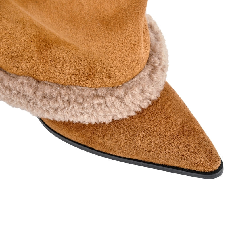 Suede Pointed Toe Lambswool Fold Over Knee High Boots - Onlymaker Exclusive