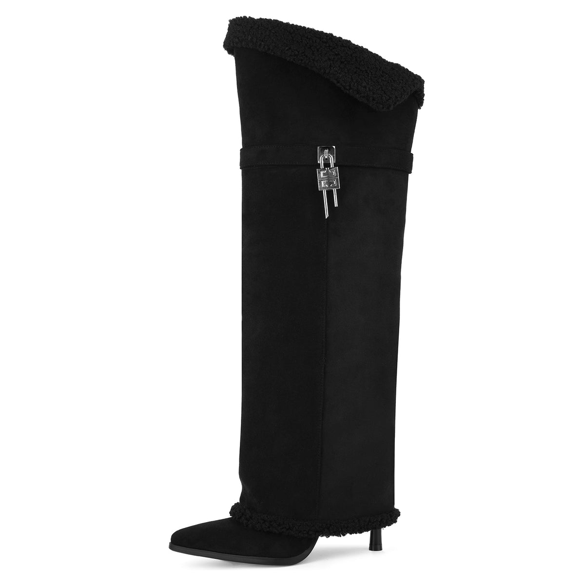Suede Pointed Toe Lambswool Fold Over Knee High Boots - Onlymaker Exclusive
